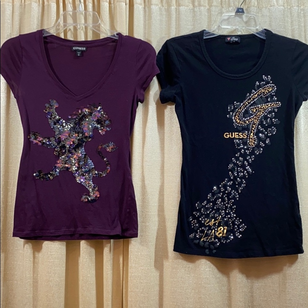 Two pre-owned T-shirts Express and Guess.